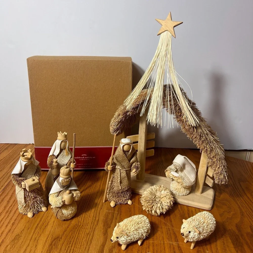 Pottery Barn Bottle Brush Nativity Set Complete 10 Pc w Box Christmas Decor